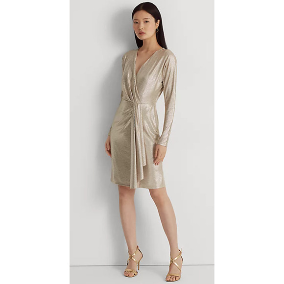 LAUREN RALPH LAUREN WOMENS 16 FAUX WRAP STRETCH COCKTAIL DRESS METALLIC GOLD NEW - Picture 1 of 14